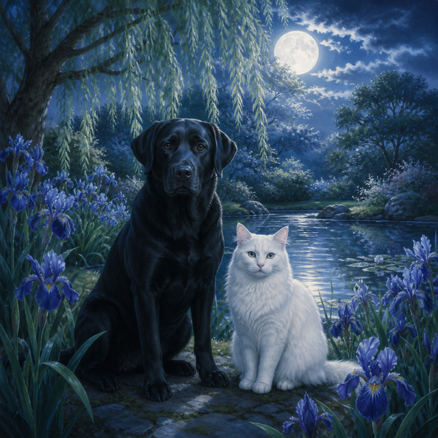 Diamond painting ontwerp met labrador en witte kat in de maantuin