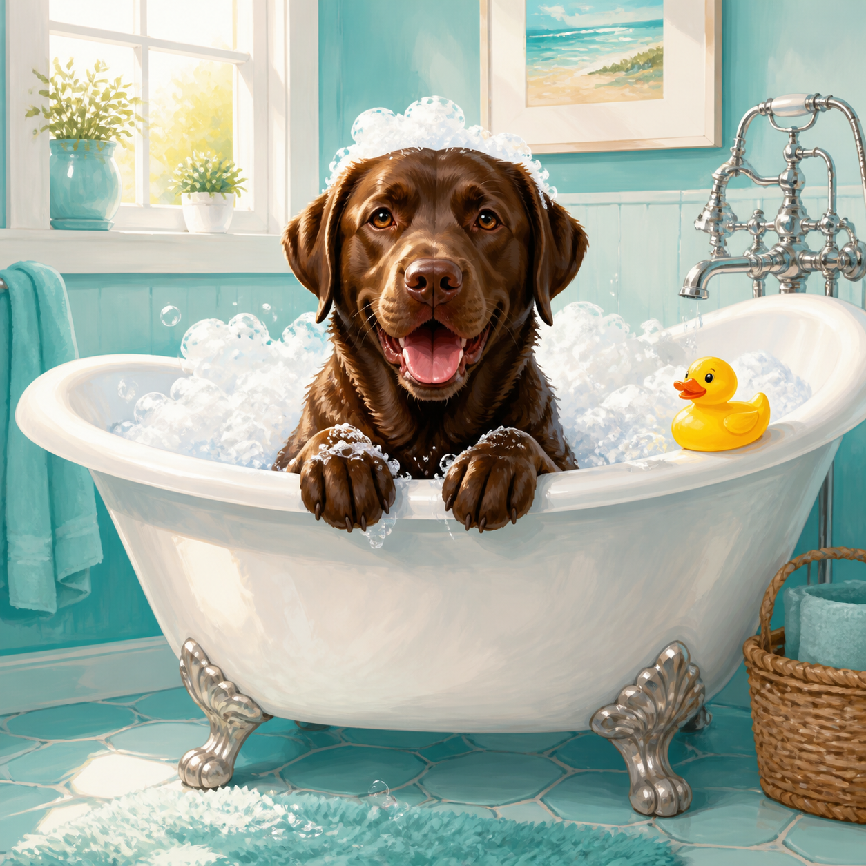 Diamond painting ontwerp met labrador in het schuimbad