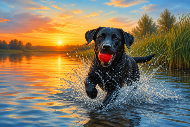Diamond painting ontwerp met labrador met rode bal in het water