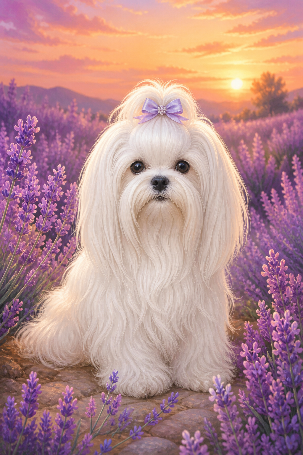 Diamond painting ontwerp met maltezer in lavendel