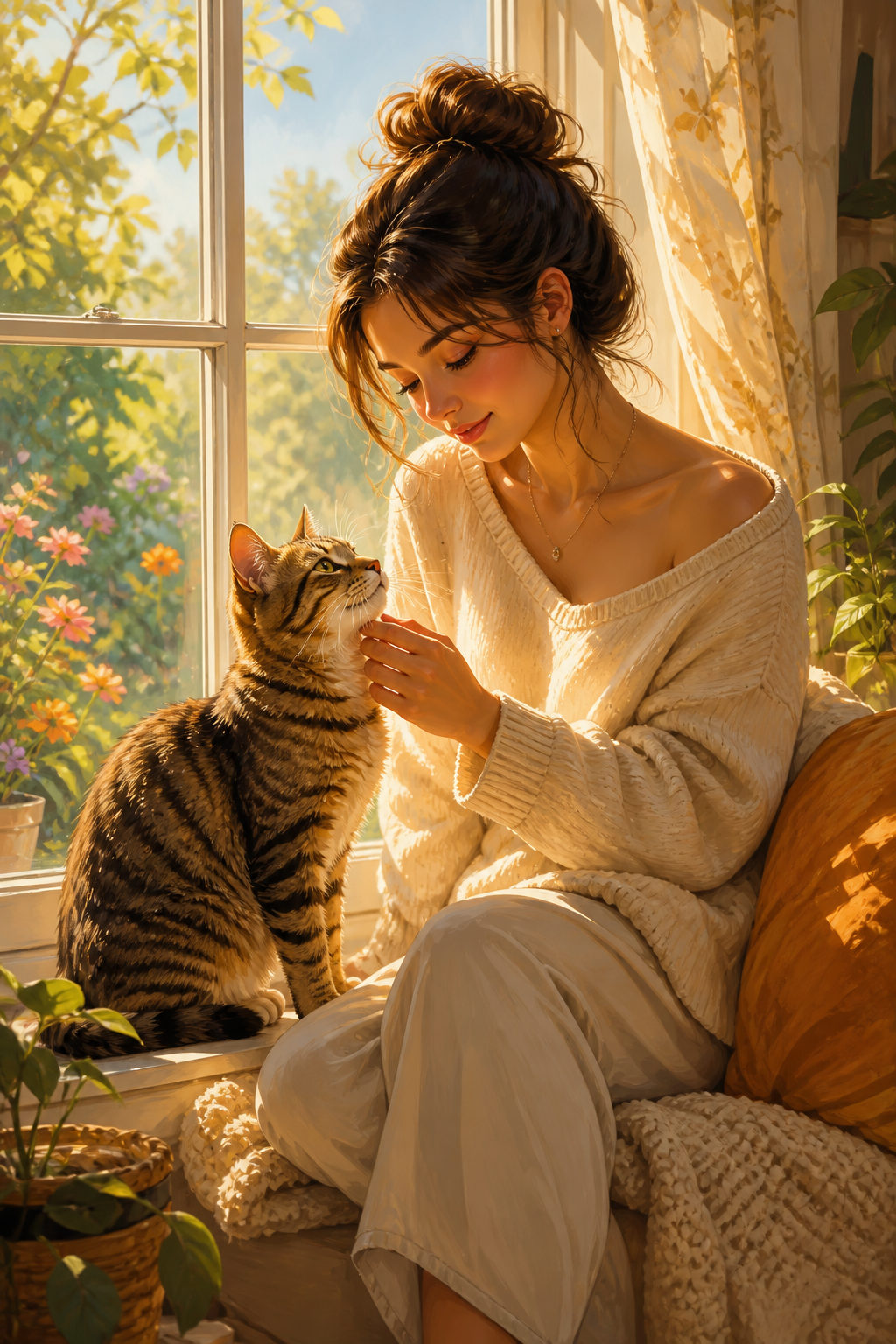 Diamond painting ontwerp met meisje met poes bij het raam