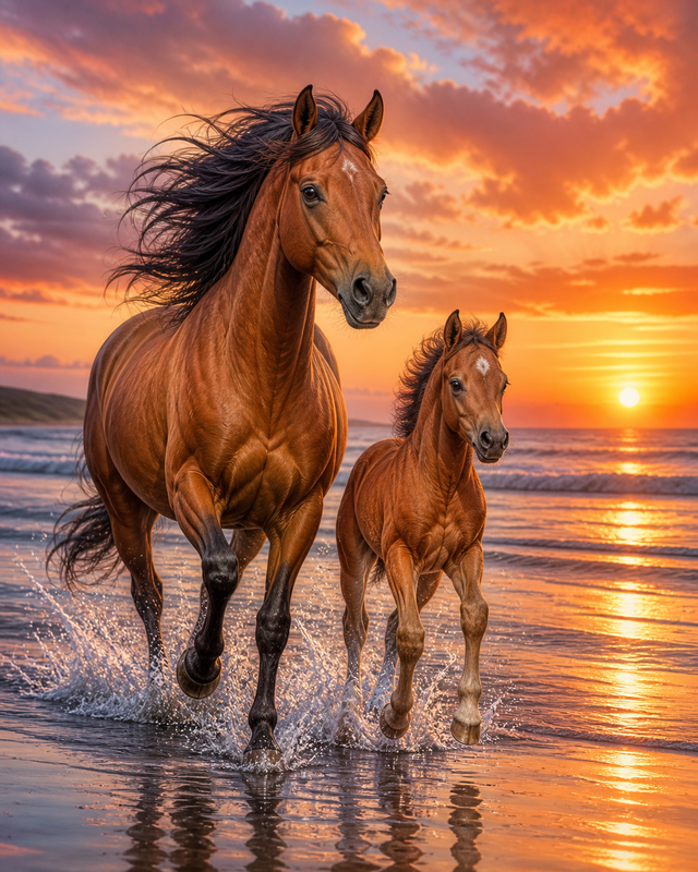 Diamond Painting Merrie en Veulen op het Strand – een merrie en veulen die samen door de branding rennen