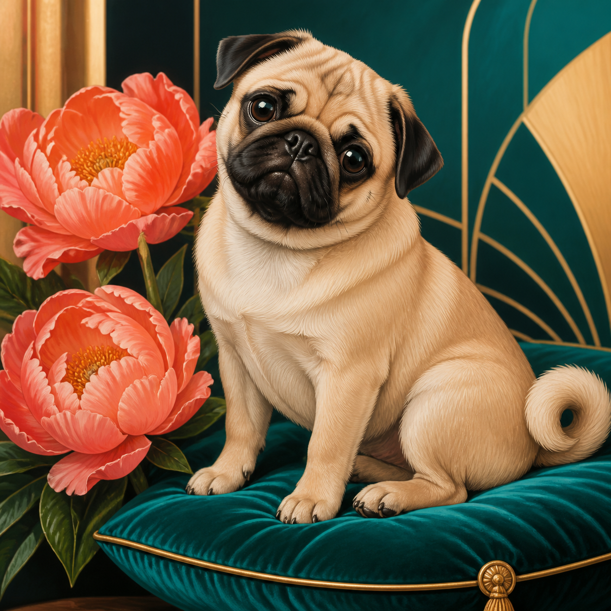Diamond painting ontwerp met mopshond met koraalrode pioenrozen
