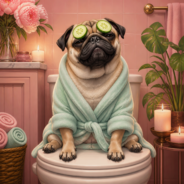 Diamond painting ontwerp met mopshond op de wc in badjas