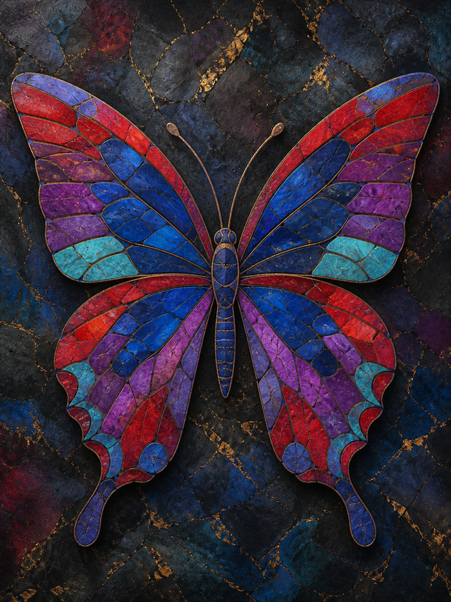 Diamond painting ontwerp met mozaïekvlinder in juweelkleuren