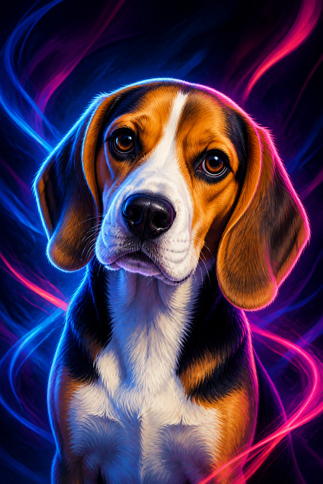Diamond painting ontwerp met neon beagle in blauw en roze