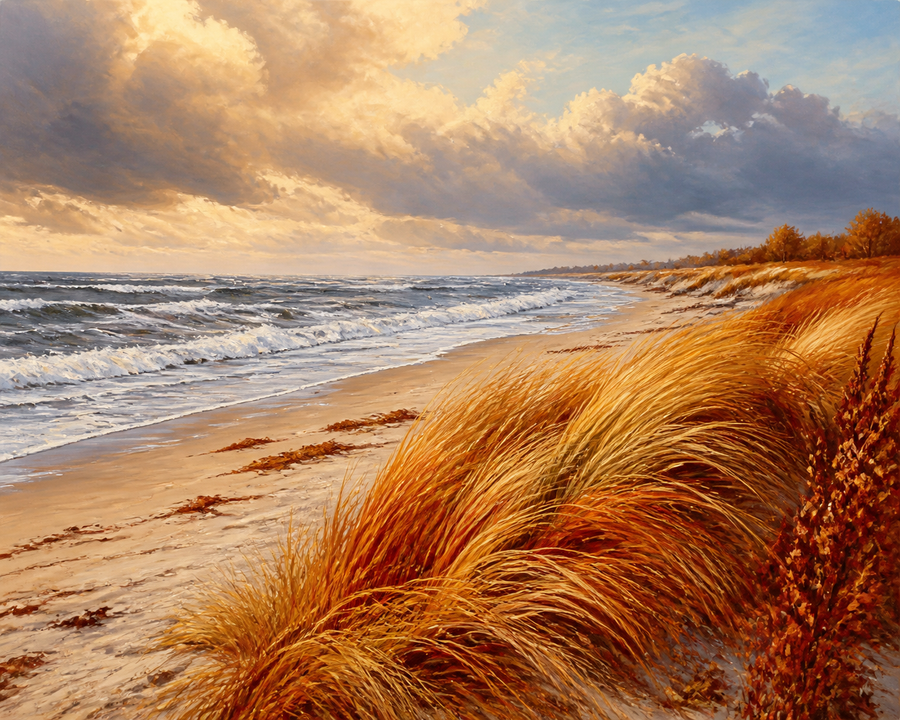 Diamond painting ontwerp met noordzeestrand in de herfst