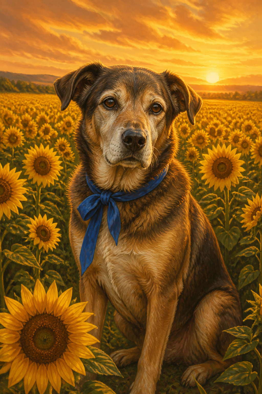 Diamond painting ontwerp met oude hond tussen de zonnebloemen