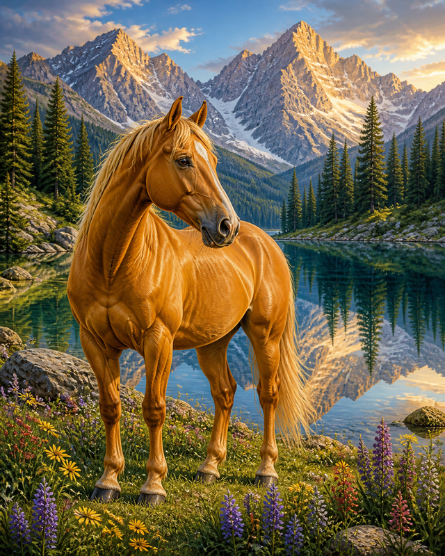 Diamond Painting Paard aan het Bergmeer – een goudbruin paard aan een helder bergmeer