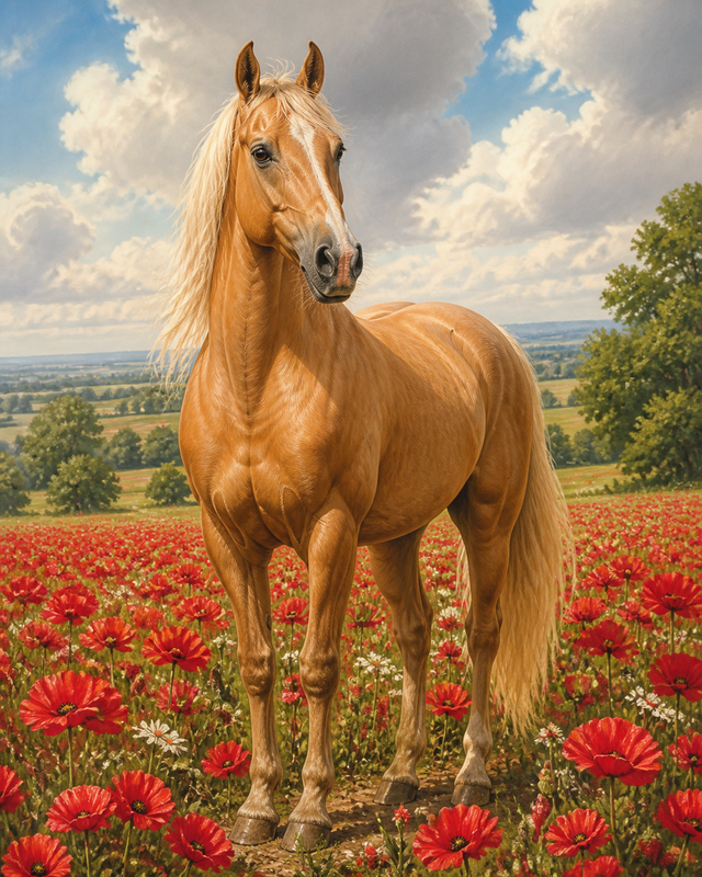 Diamond Painting Paard tussen Rode Klaprozen – een lichtbruin paard tussen rode klaprozen