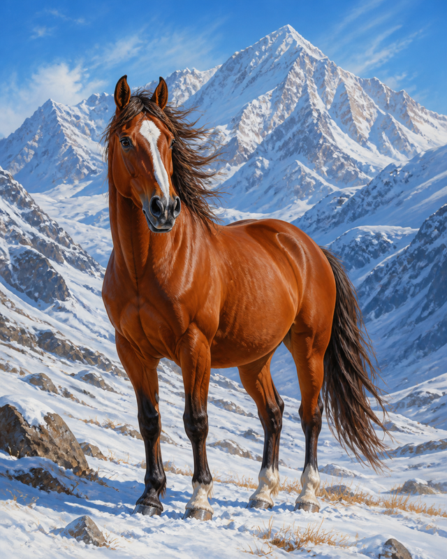 Diamond Painting Paard in de Sneeuwbergen – een bruin paard voor hoge besneeuwde bergen