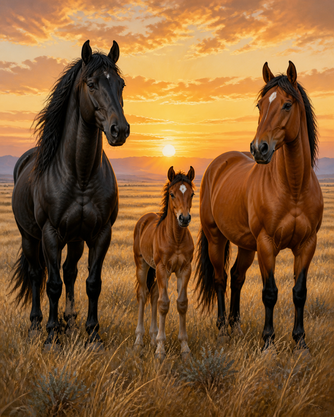 Diamond Painting Paardenfamilie bij Zonsopkomst – een paardenfamilie samen bij zonsopkomst