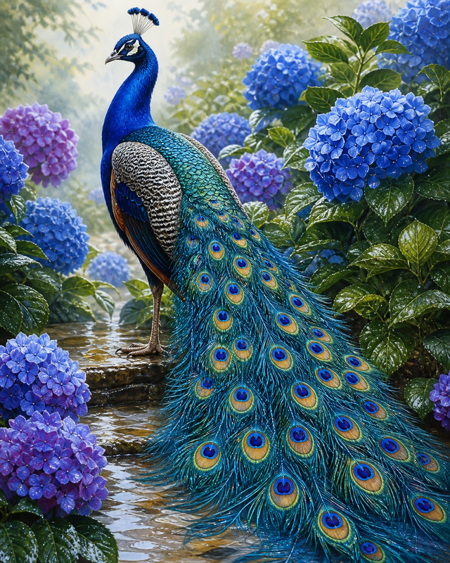 Diamond Painting Pauw tussen Blauwe Hortensia’s – een blauwe pauw tussen blauwe en paarse hortensia’s