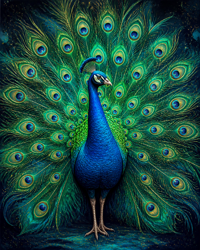 Diamond Painting Pauw in Smaragd en Saffier – een pauw in smaragdgroene en saffierblauwe tinten