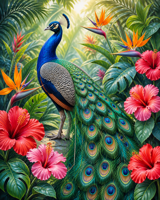 Diamond Painting Pauw in de Tropische Tuin – een pauw tussen tropische bloemen en bladeren