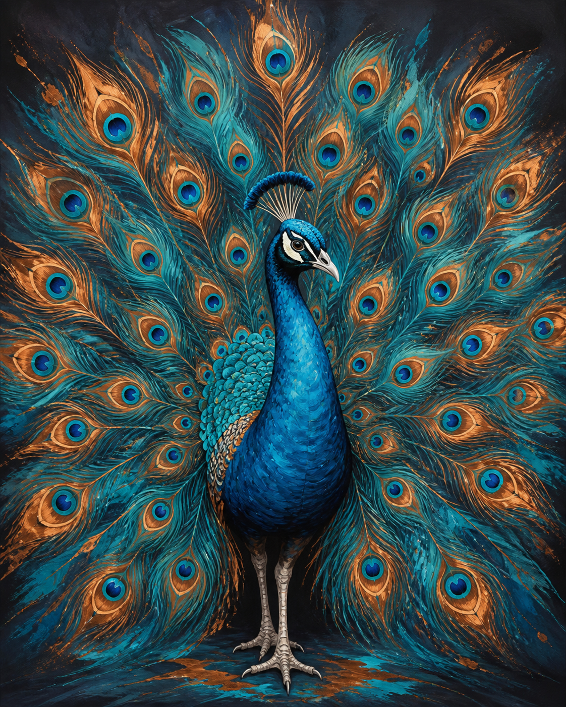 Diamond Painting Pauw in Turquoise en Koper – een pauw in turquoise en warme kopertinten