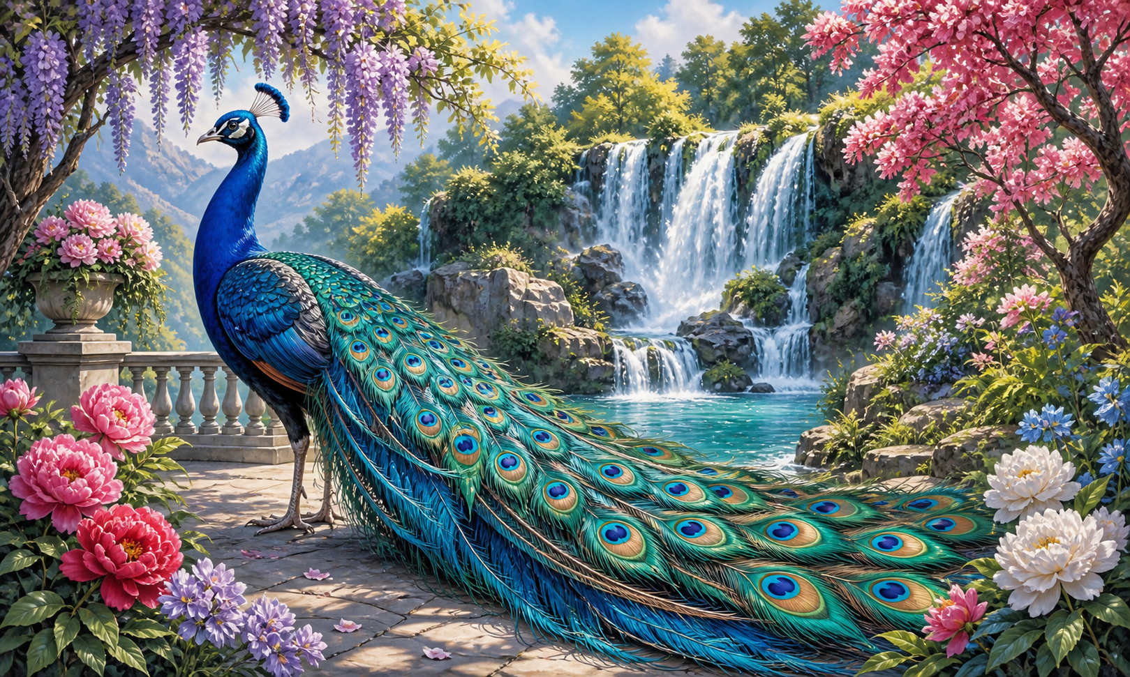 Diamond Painting Pauw in de Watervaltuin 5 Luik – een pauw in een brede watervaltuin voor een 5-luik