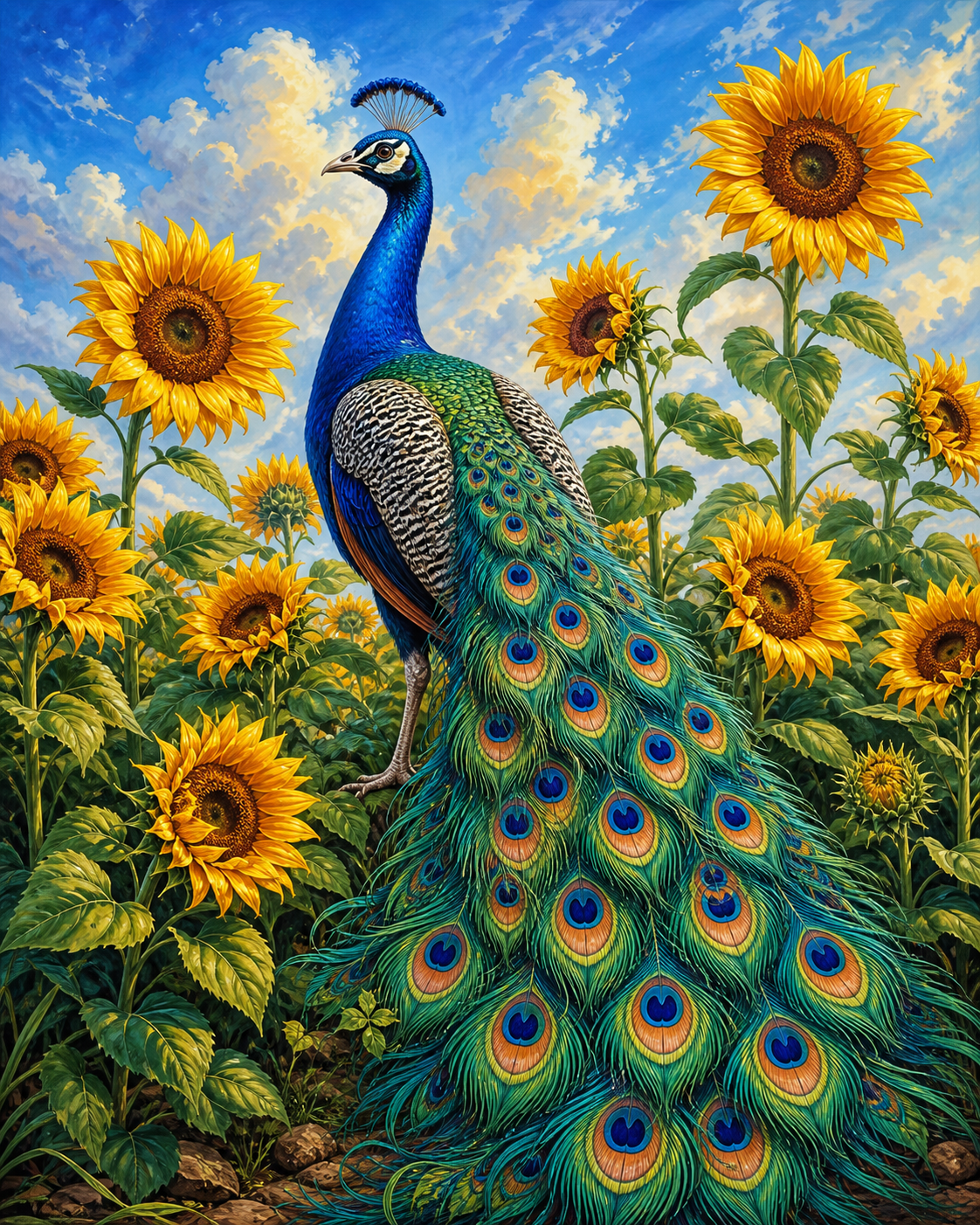 Diamond Painting Pauw tussen Zonnebloemen – een blauwe pauw tussen hoge zonnebloemen