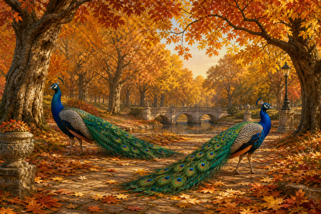 Diamond Painting Pauwenpaar in het Herfstpark – een pauwenpaar in een warm herfstpark