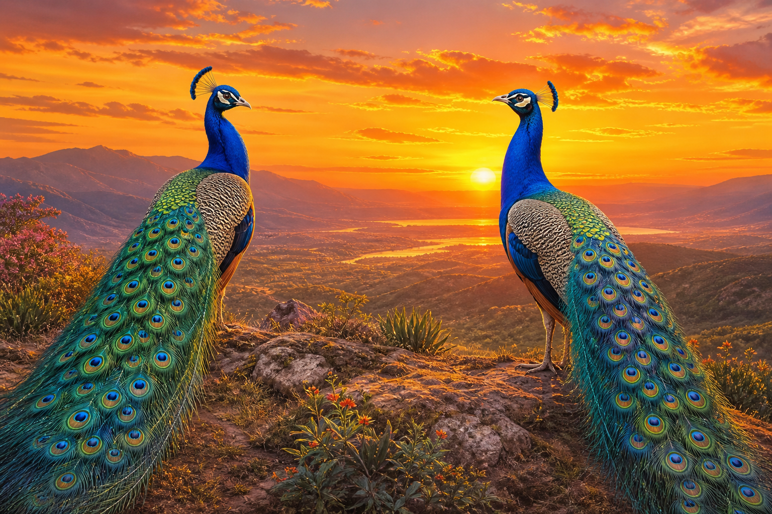 Diamond Painting Pauwenpaar bij Zonsondergang – twee blauwe pauwen samen bij zonsondergang