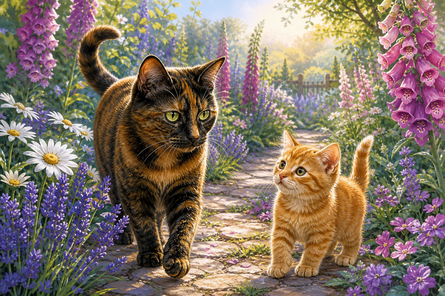Diamond painting ontwerp met poes en kitten in de tuin