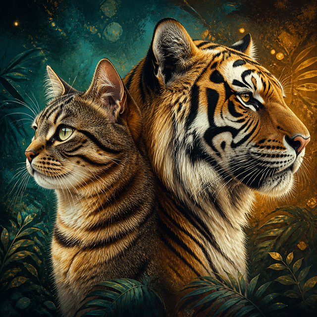 Diamond painting ontwerp met poes en tijger in dubbelportret