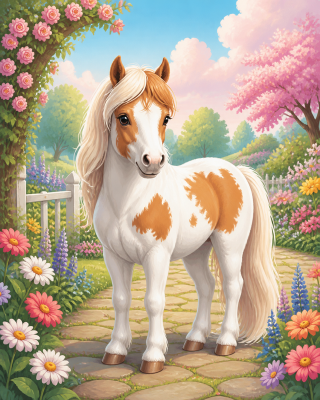 Diamond Painting Pony in een Pasteltuin – een wit-bruine pony in een zachte pasteltuin