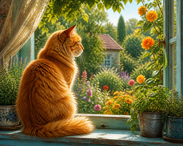 Diamond painting ontwerp met rode poes op de vensterbank