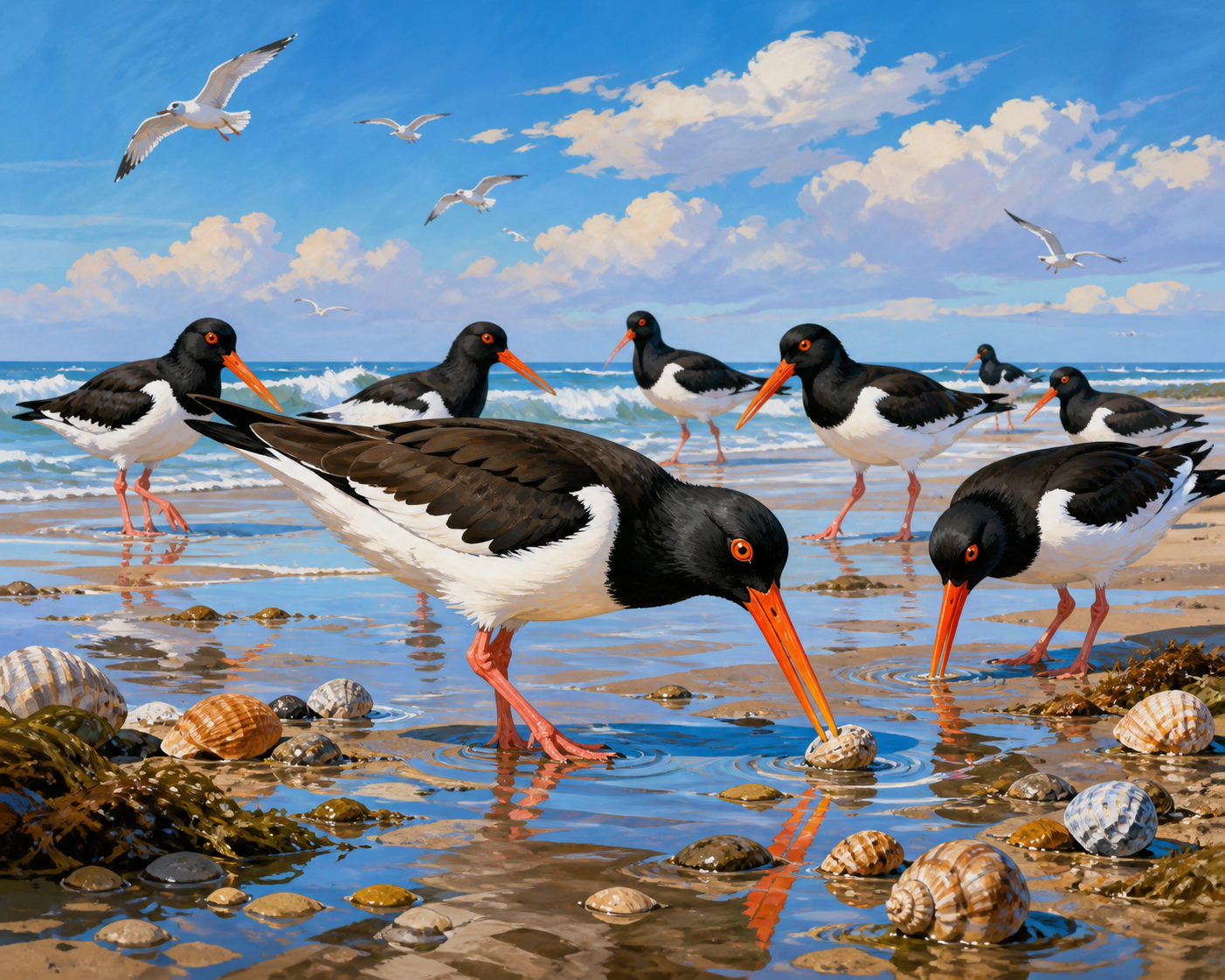Diamond painting ontwerp met scholeksters langs de waterlijn