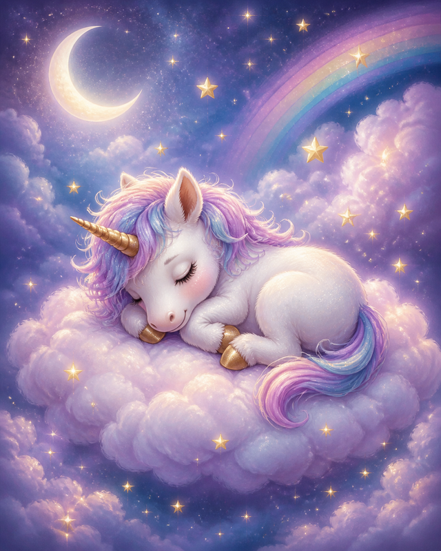 Diamond painting ontwerp met slapende babyeenhoorn op een wolk