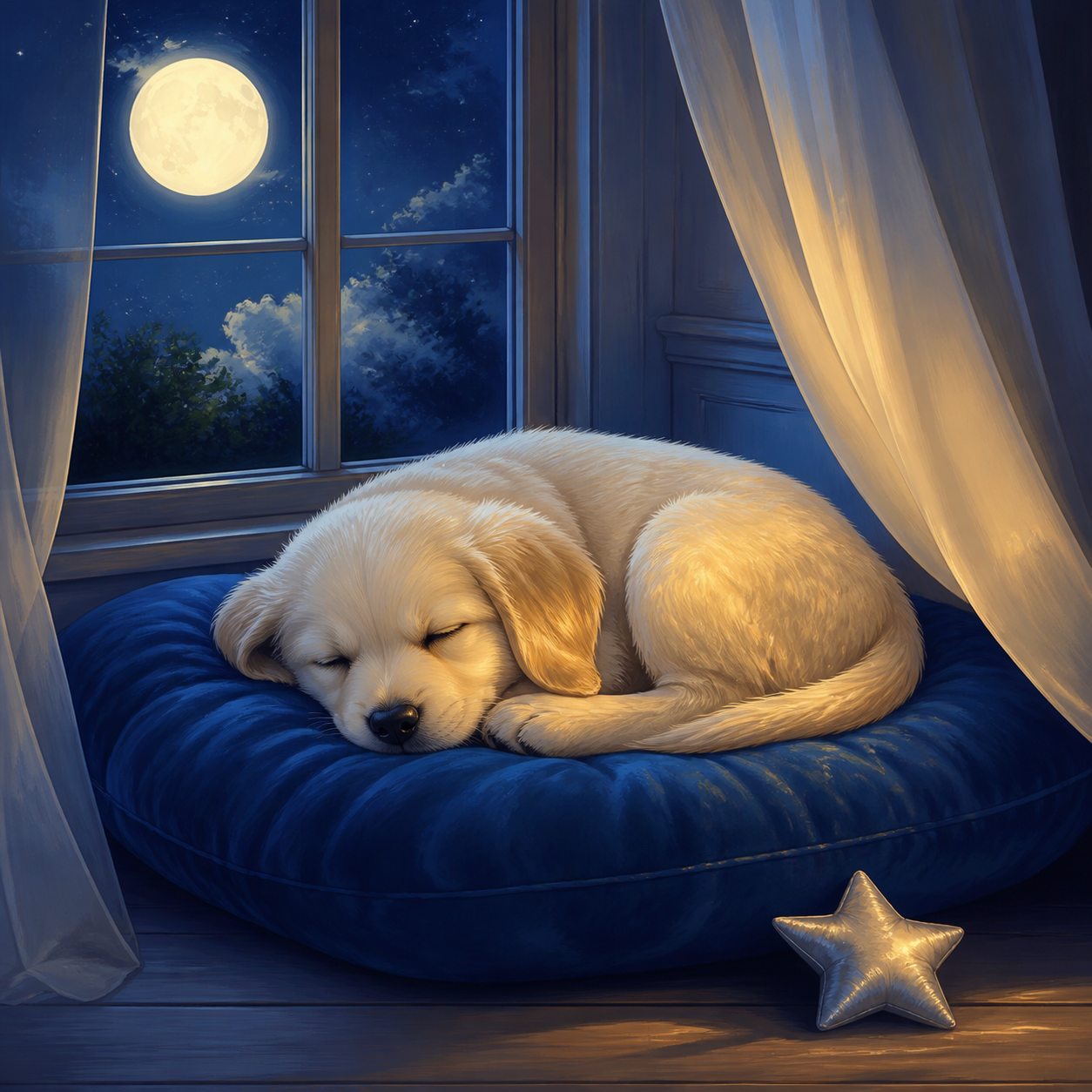 Diamond painting ontwerp met slapende puppy bij maanlicht