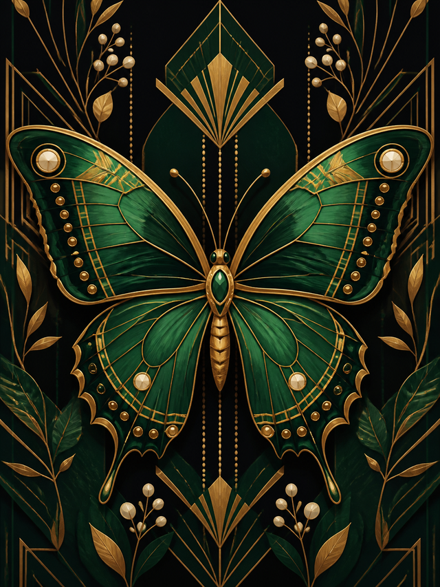 Diamond painting ontwerp met smaragden vlinder in decoratieve goudstijl