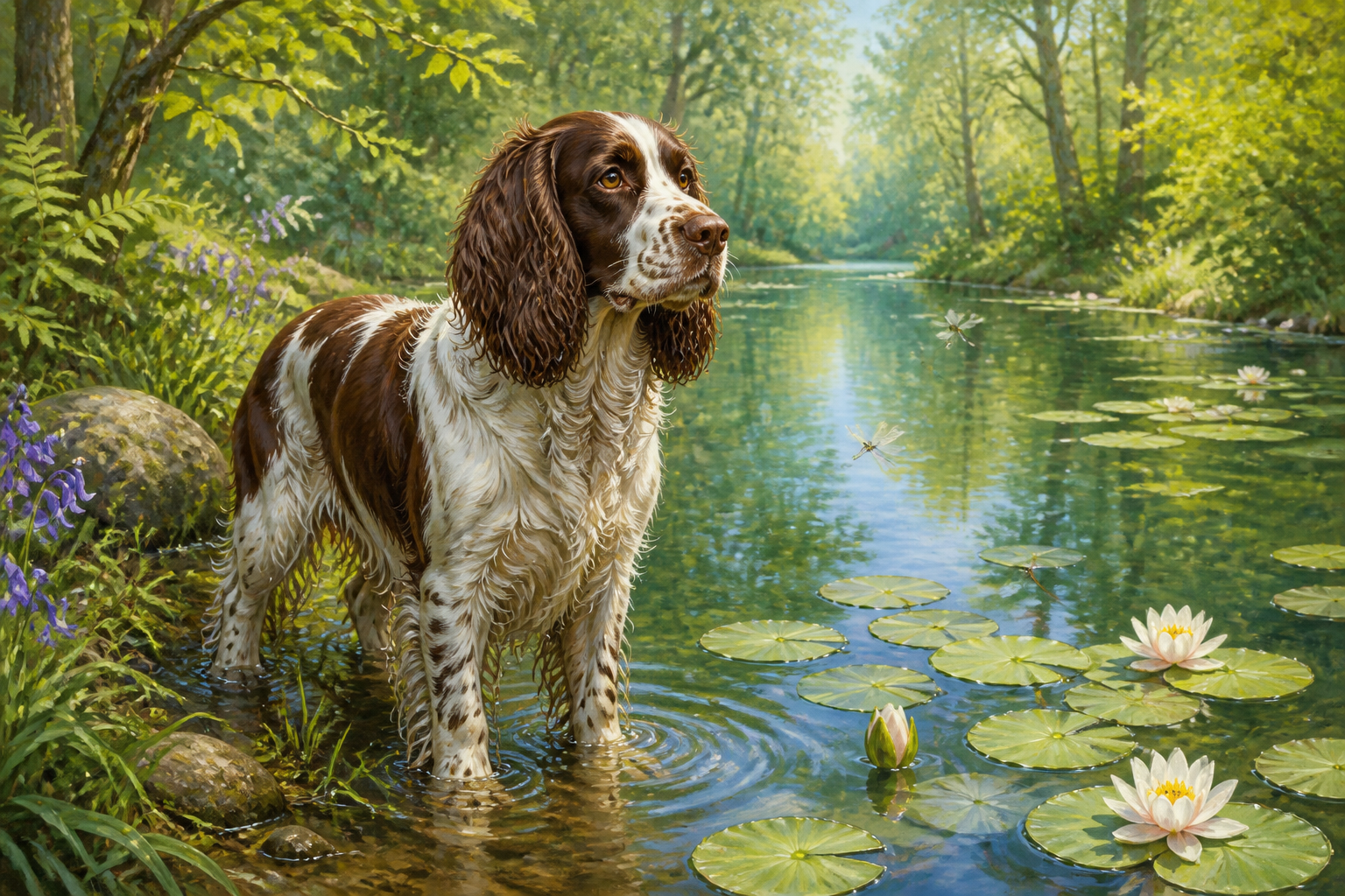 Diamond painting ontwerp met springer spaniël bij de bosvijver
