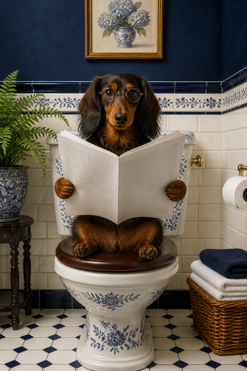 Diamond painting ontwerp met teckel leest op het toilet