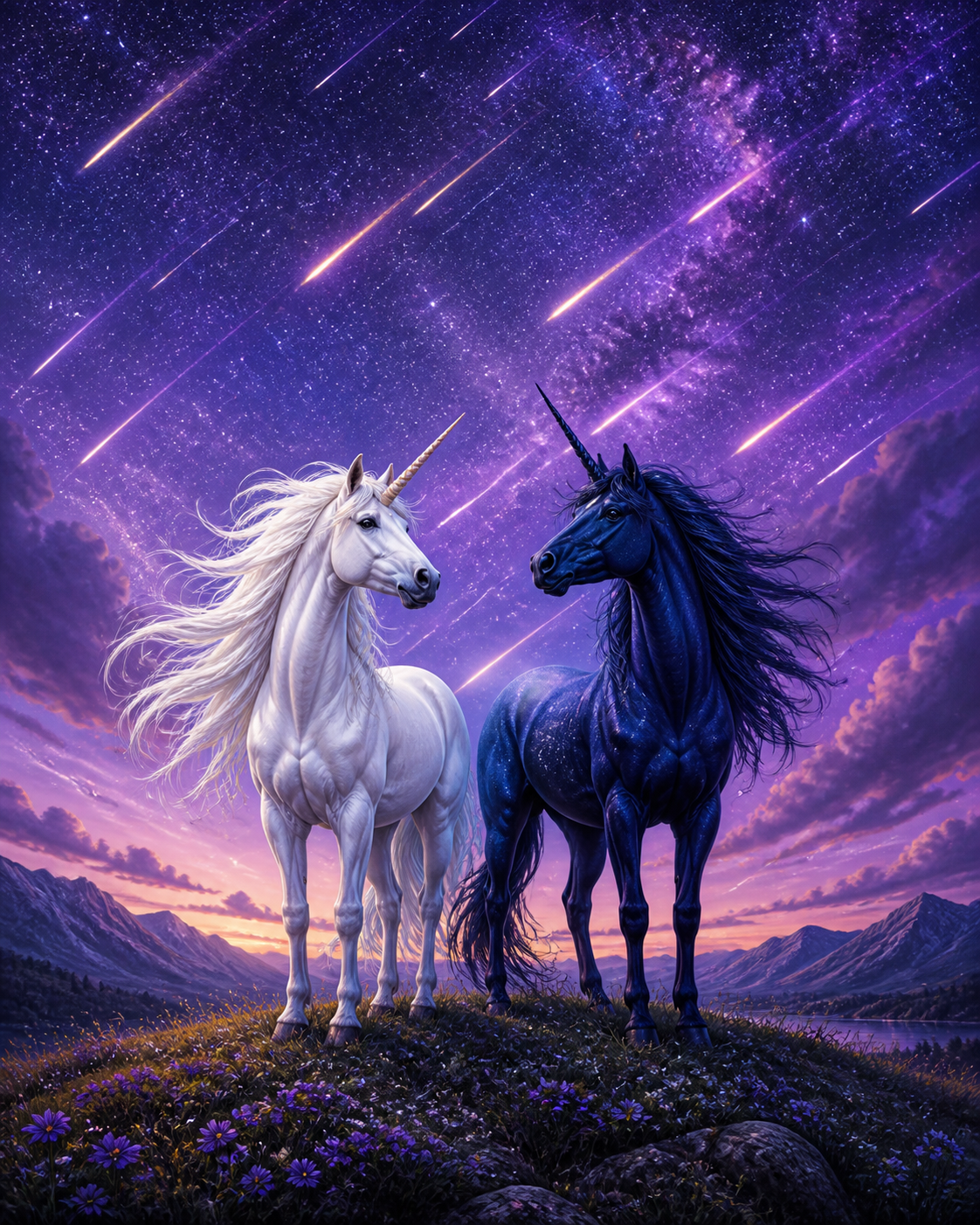 Diamond painting ontwerp met twee eenhoorns onder een sterrenregen