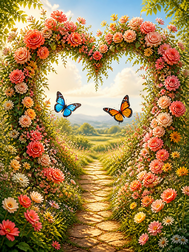 Diamond painting ontwerp met twee vlinders bij de hartvormige bloemenboog