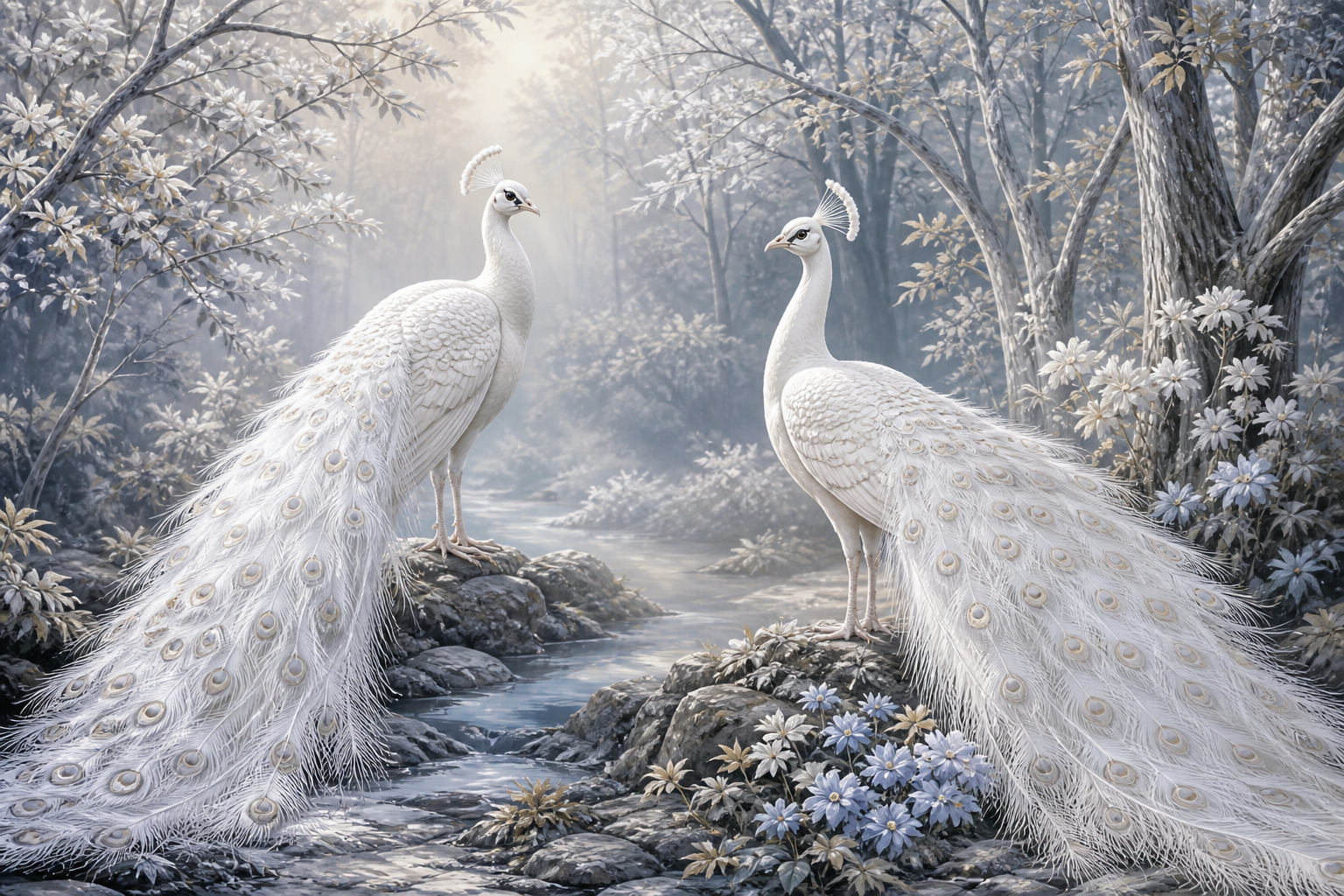 Diamond Painting Twee Witte Pauwen in de Mist – twee witte pauwen in een lichte bosnevel
