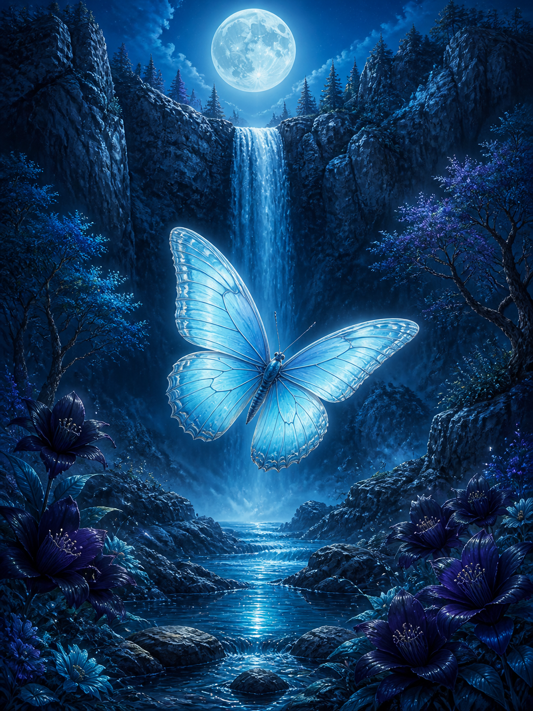 Diamond painting ontwerp met vlinder bij de maanwaterval