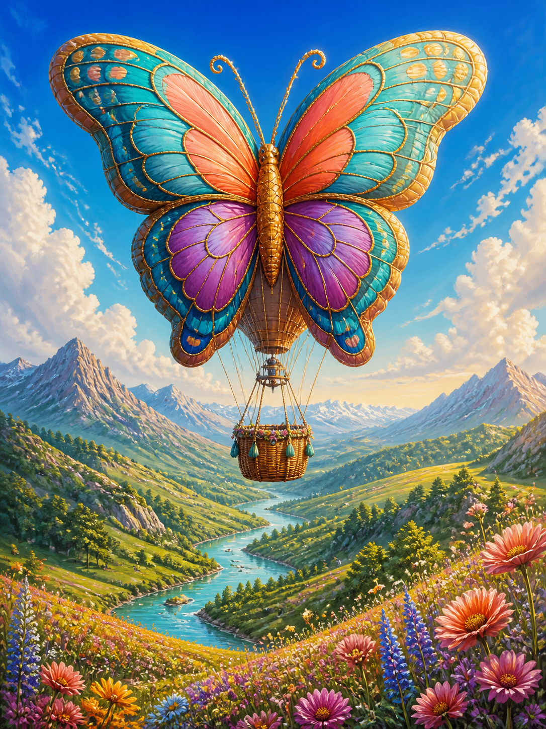 Diamond painting ontwerp met vlinderballon boven de vallei