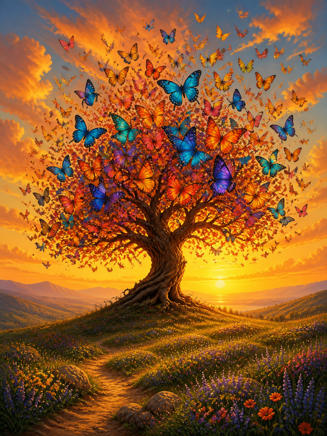 Diamond painting ontwerp met vlinderboom bij gouden zonsondergang
