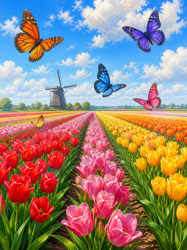 Diamond painting ontwerp met vlinders boven de tulpenvelden