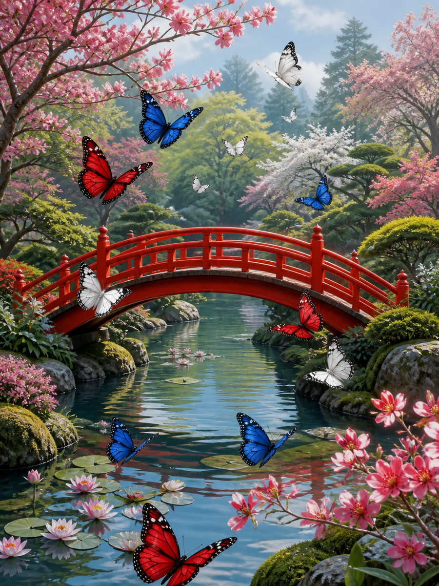Diamond painting ontwerp met vlinders in de japanse tuin