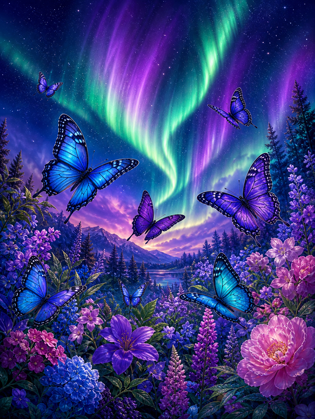 Diamond painting ontwerp met vlindertuin onder het noorderlicht