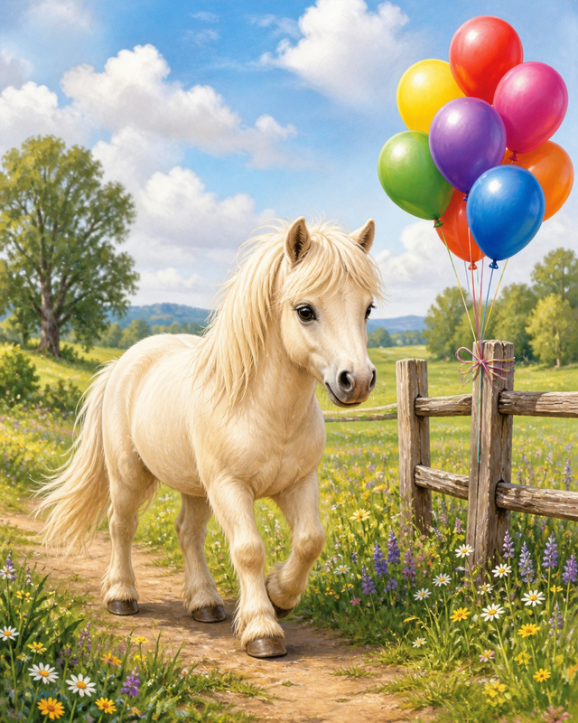 Diamond Painting Vrolijke Pony met Ballonnen – een vrolijke lichte pony bij kleurrijke ballonnen