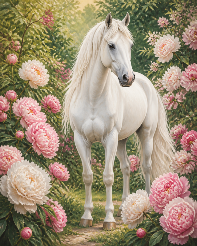 Diamond Painting Wit Paard tussen Pioenrozen – een wit paard tussen volle pioenrozen