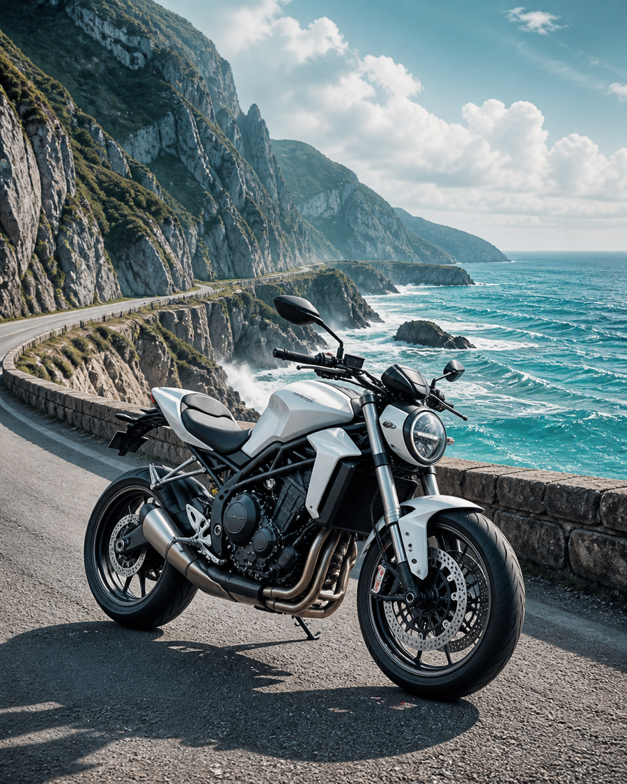 Diamond Painting Witte Motor langs de Kliffen – een elegante witte merkloze motor op een kustweg langs hoge kliffen en schuimende zee