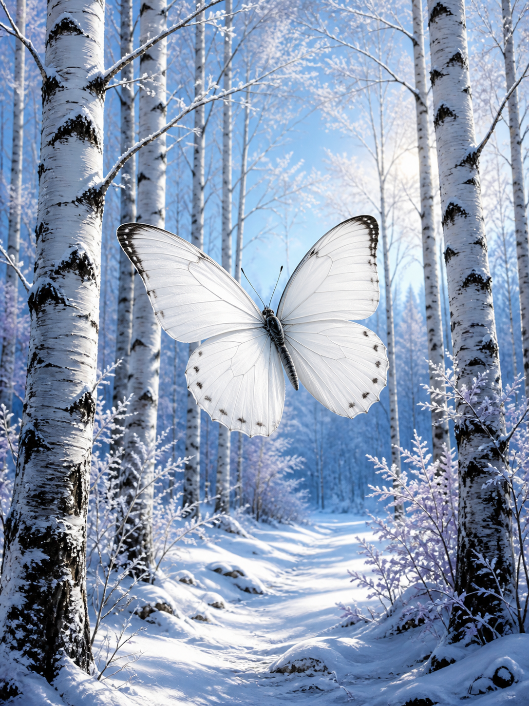 Diamond painting ontwerp met witte vlinder in het berkenbos