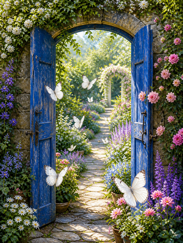Diamond painting ontwerp met witte vlinders bij de blauwe tuindeur