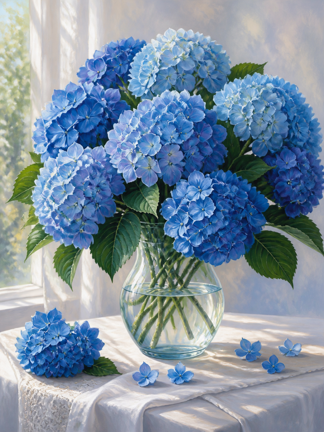 Diamond Painting Blauwe Hortensia’s in Glazen Vaas – weelderige blauwe hortensia’s in een transparante glazen vaas