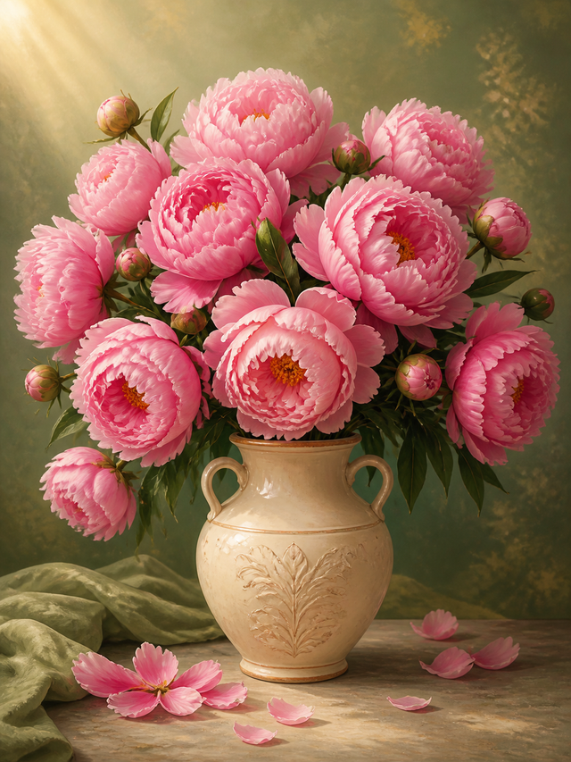 Diamond Painting Roze Pioenrozen in Keramische Vaas – volle roze pioenrozen in een handgemaakte keramische vaas